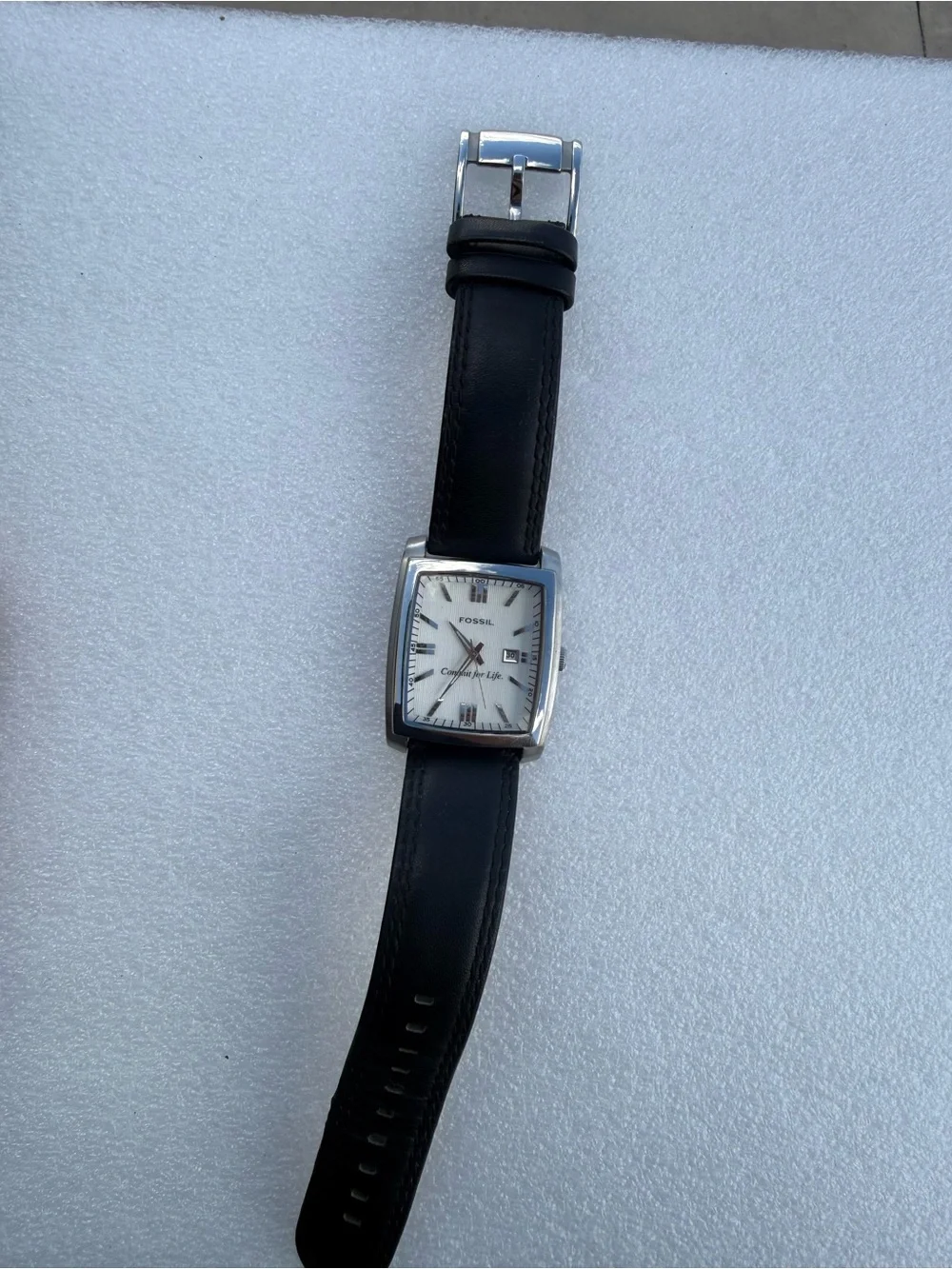 Fossil Silver-Tone Rectangular Watch with Black Leather Strap